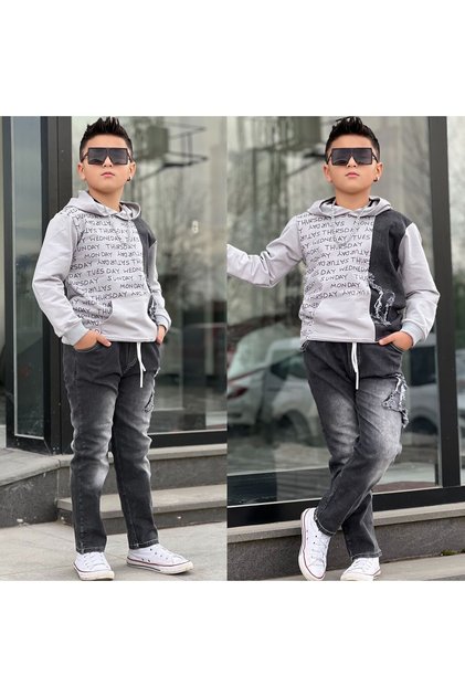 Boy's Cotton Denim Double Suit with Text Detail - K Hooded - 100% Cotton