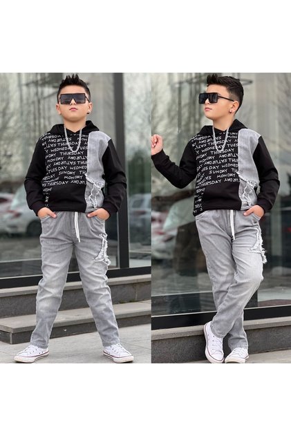 Boy's Cotton Denim Double Suit with Text Detail - K Hooded - 100% Cotton