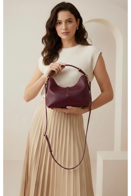 Women's Mini Size Burgundy Long Crossbody Hand & Shoulder Bag (20X16 cm)