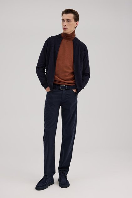 Navy Blue Regular Fit Patterned Zippered Knitwear Cardigan