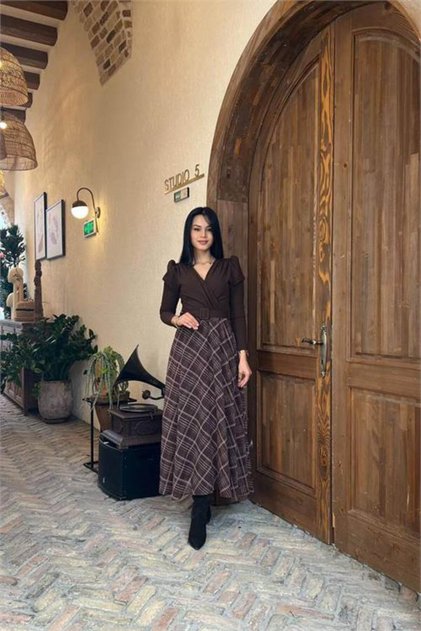 Women Brown Skirt Plaid Pattern with Belt Full Length Dress Nbmy3860