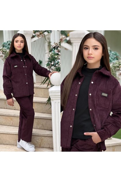 Girl's Seasonal Corduroy Shirt - Pants - Badi - 3-Piece Stylish Set - Holiday Wear