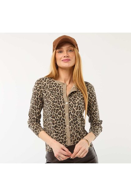Leopard Print Crew Neck Cardigan BEIGE