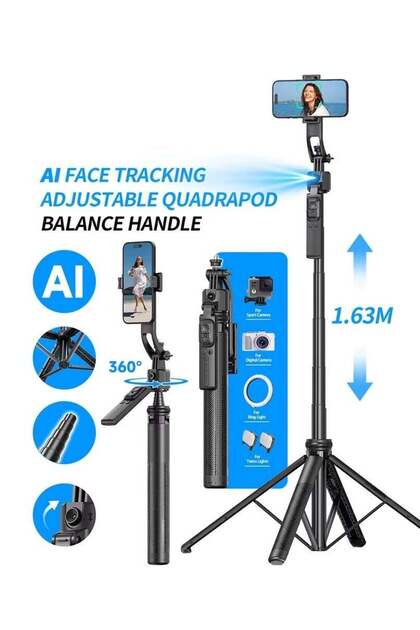 1.6M Smart AI Face Tracking Tripod Stand – Aluminium Selfie Stick with 360° Rotation, Gimbal Stab
