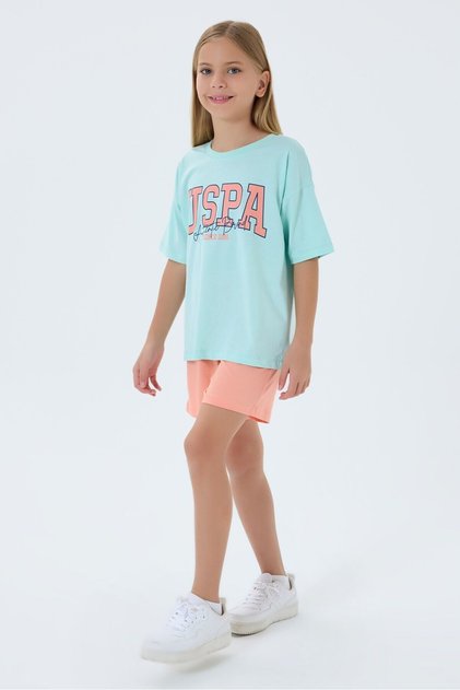 Girl's Crew Neck Embroidered Summer Regular Fit Green Shorts Set Us2521-C-V2