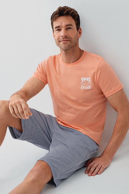 Men's Crew Neck Printed Summer Regular Fit Orange Bermuda Set Ar3671-S-V2