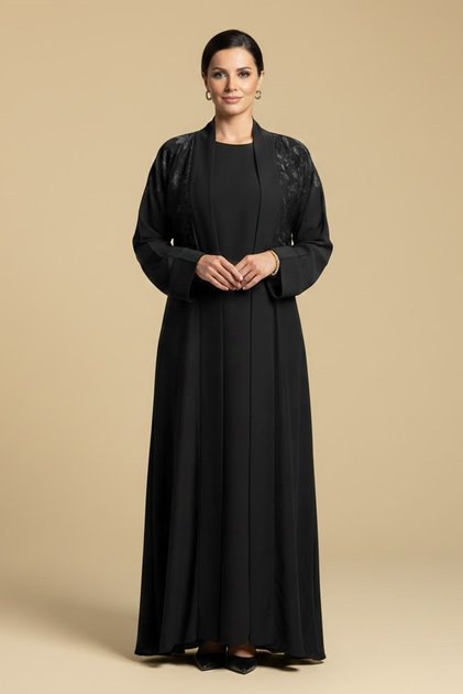 2 Pieces Premium Black Abaya With Inner Set Elegant Modest Wear For Formal Occasions Muslim Dress