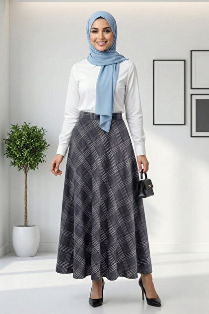 Women's Plaid Fabric Patterned Navy Blue Skirt