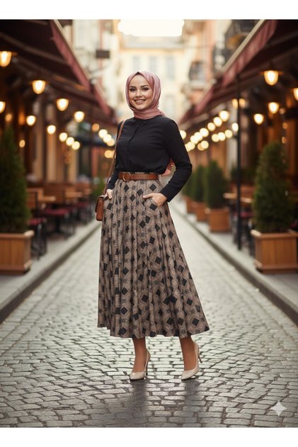 Women's Plaid Patterned Skirt with Waist Zipper and Belt