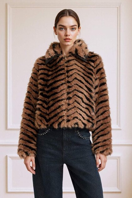 Warm Regular Fit Zippered Short Faux Fur Coat F5568Ax25Wn