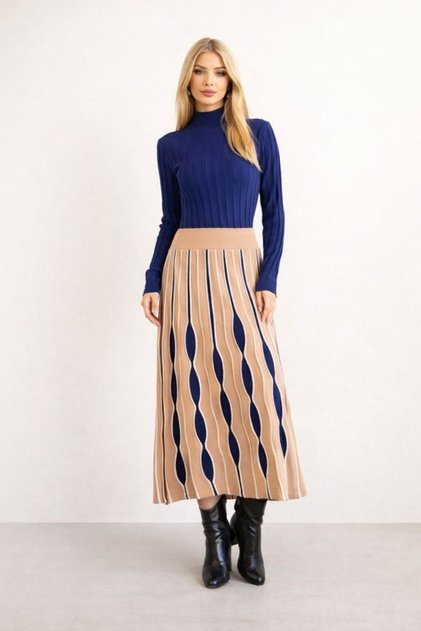 Women's Long Sleeve Crew Neck Colorful Tiered Sporty Chic Modest-Friendly Knit Design Dress