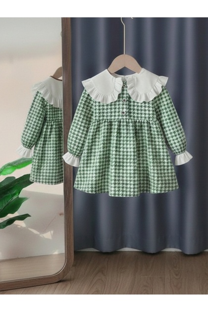 Girl's Dress with Collar and Sleeve Details, Houndstooth Pattern