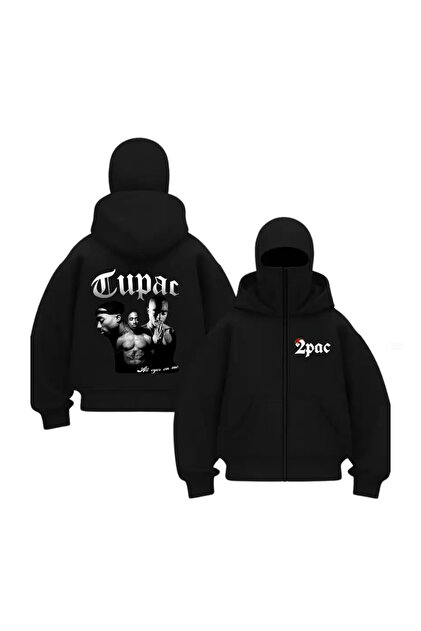 Hiphop Tupac Series Printed Unisex Hooded Zippered Oversized Black Sweatshirt with Balaclava Mask