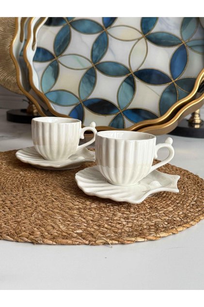 Turkish Coffee Cup Pearl Seashell 2 Person Set 4 Pieces