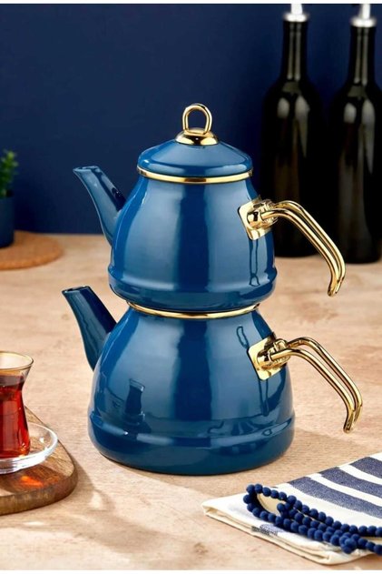 Emaye Özel Tasarım Yapışmaz Yüzey Büyük Boy Demlik Seti Emaye Çaydanlık | Üst 1.4 L – Alt 2.6 L