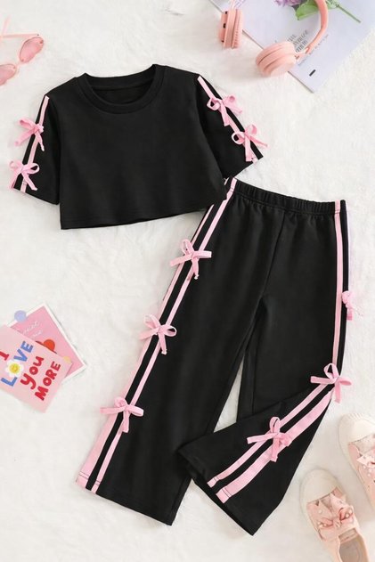 Children's New Bow Crop T-Shirt-Sweatpants Set