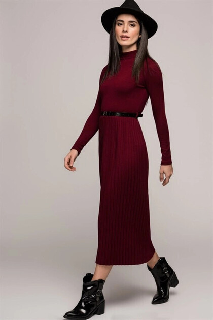 Half Fisherman Burgundy Skirt Pleated Long Dress