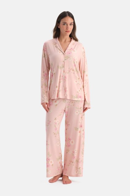 Light Pink Floral Siro Viscose Shirt Pajama Set