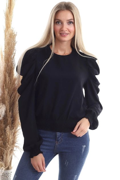 Long Sleeve Black Blouse with Pleated Skirt and Gipeli Detail
