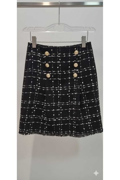 Black a Quality Pleated Skirt with Metal Buttons, Short Pique Over-The-Knee Skirt (Order One Size Larger)