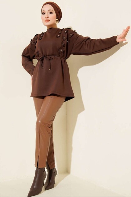 Women's Belted Hijab Tunic with Shoulder Detail - Comfortable Fit Daily Tunic
