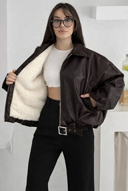 İçi Kürklü O Oversized Women's Leather Jacket Coat