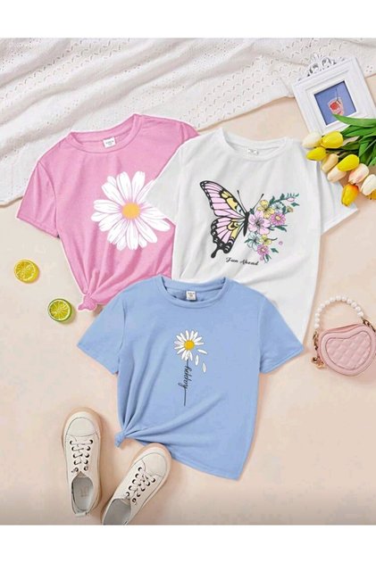 New Season 3-Piece Set Girls' T-Shirt, Multi-Color, 100% Cotton