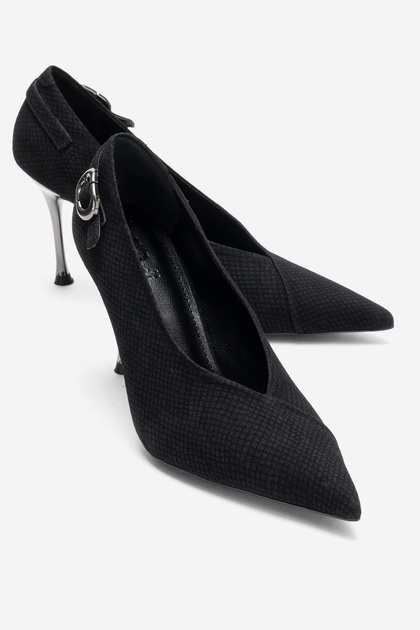 Polly Black Patterned Buckle Women's Heeled Shoes