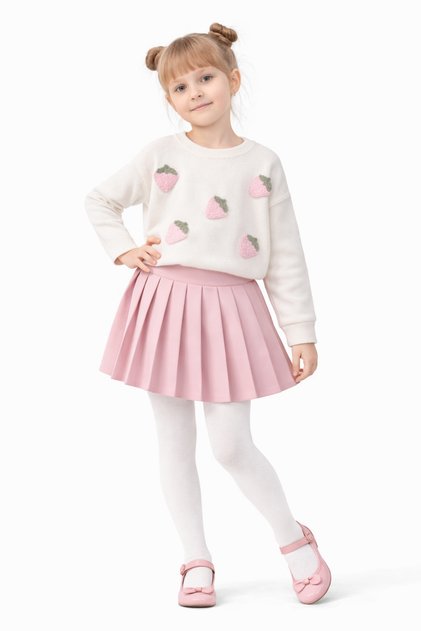 Girl's Strawberry Patterned Top Pleated Skirt Combination Ak14527