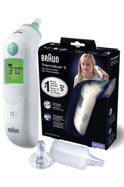 Braun ear thermometer with Thermoscan 6 and Age Precision™ technology, suitable for children and adults, with a color display.