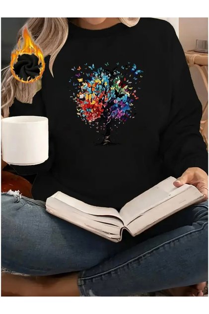 Übergroßes Unisex-Sweatshirt mit Schmetterlings- und Baummotiv, Rundhalsausschnitt für Damen/Herren