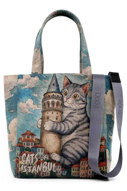 Women's Vegan Blue Large Tote Bag - Galata Cat Design