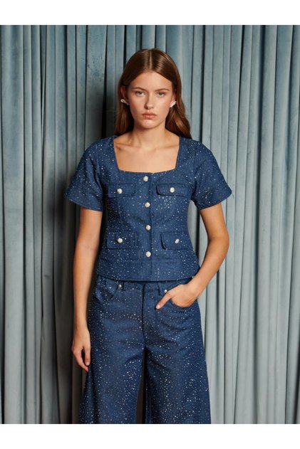 Kısa Kollu Denim Bluz