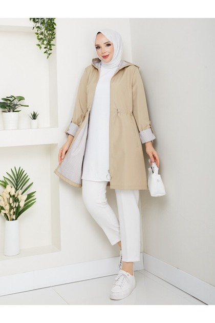 Trench Coat with Inner Detail Stripes K Hooded Elastic Waist Mde905010