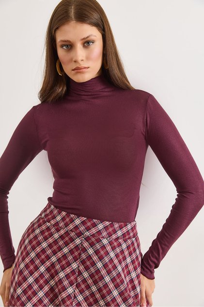 Women's Plum Turtleneck Transparent Stretchy Blouse Blz-19003169