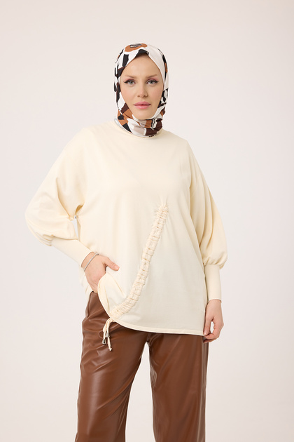 44199 - Stylish Comfortable Rayonelit Women's Long Flowy Slim Knit Sweater with Cross Drawstring Design
