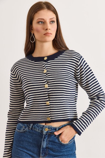 Women's Navy Blue Crew Neck Striped Basic Knit Cardigan Hrk-19000456