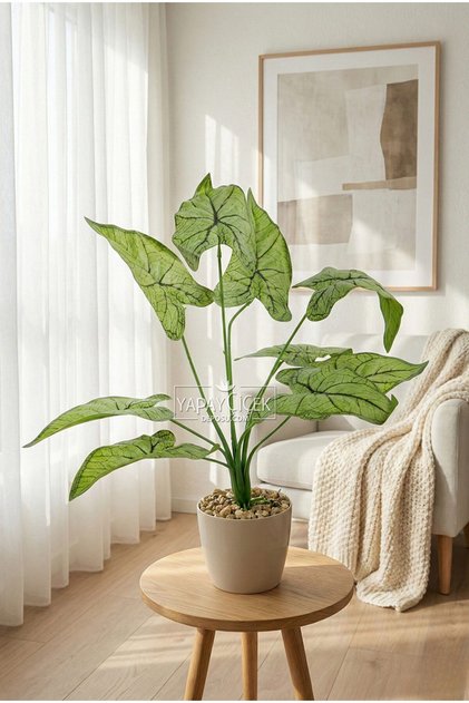 Beyaz Saksıda Yapay Bitki 9 Yapraklı Matris 40 cm Yeşil