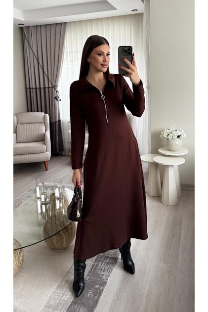Uzun Kollu Fermuarlı Elbise