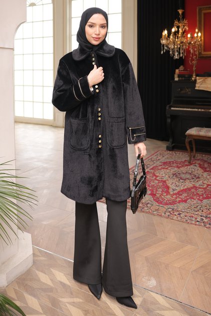 Black Angora Coat with Pockets and Buttons
