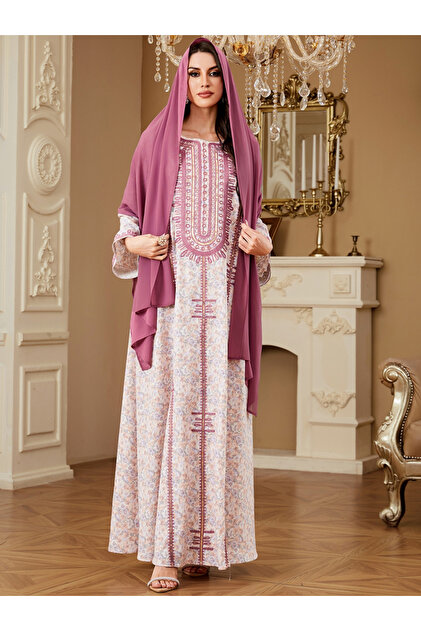 Women Floral Printed Embroidery Detail Jalabiya with Hijab