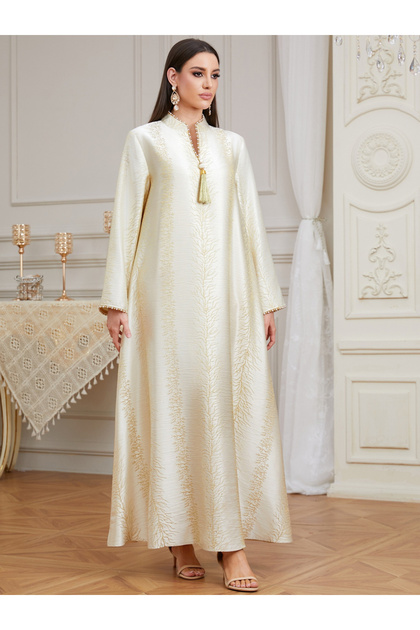 Women Texture Fabric Faux Pearl Tassel Jalabiya