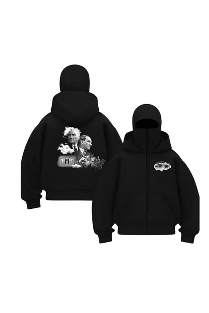 Atatürk Series Printed Unisex Hooded Zippered Oversized Black Sweatshirt with Balaclava