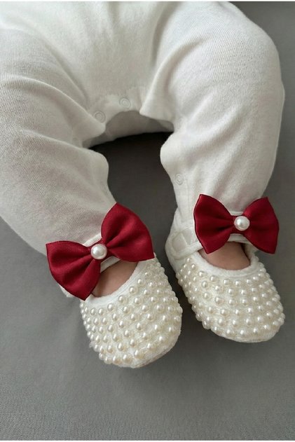 Baby Girl Booties 0-6 Months | 10 cm Luxury Hook and Loop Fastener with Bow Detail and Shiny Pearls
