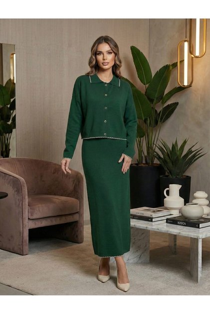 Women, Piped Detail Button Crop Cardigan/Zero Sleeve Dress Knitwear Set/Set New Season