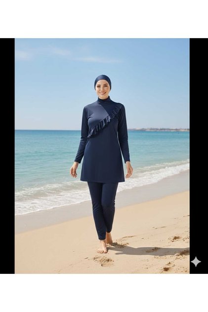Long Sleeve Ruffled Micro Lycra Stretchy Swimsuit with Pants Closed Hijab Swimsuit Navy Blue