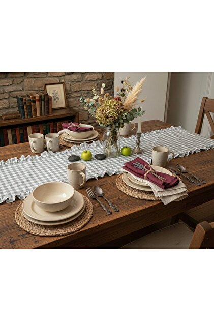 runner kareli gri fırfırlı vintage duck keten 40x130cm
