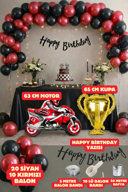 Racing Motor Themed Party Set - Happy Birthday Lettering, Motorcycle Balloon Birthday Set