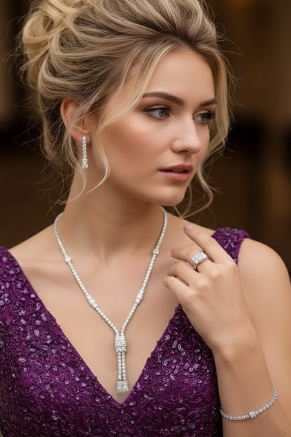 Silver Color Stone 4-Piece Evening Dress Set