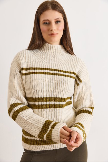 Women's Stone Green Mock Neck Striped Loose Fit Knitwear Sweater Kzk-19001120